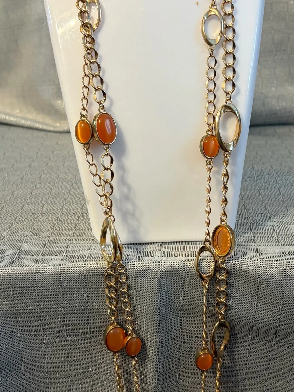 Long Gold Chain Necklace with Orange Cabochon Accents